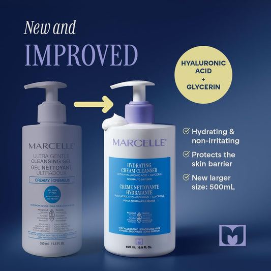 Marcelle Hydrating Cream Cleanser, for Normal to Dry Skin, with Hyaluronic Acid & Glycerin, Hypoallergenic, Fragrance-Free, Paraben-Free, Oil-Free, Non-Comedogenic, Vegan, Clean, Cruelty-Free, 500 mL