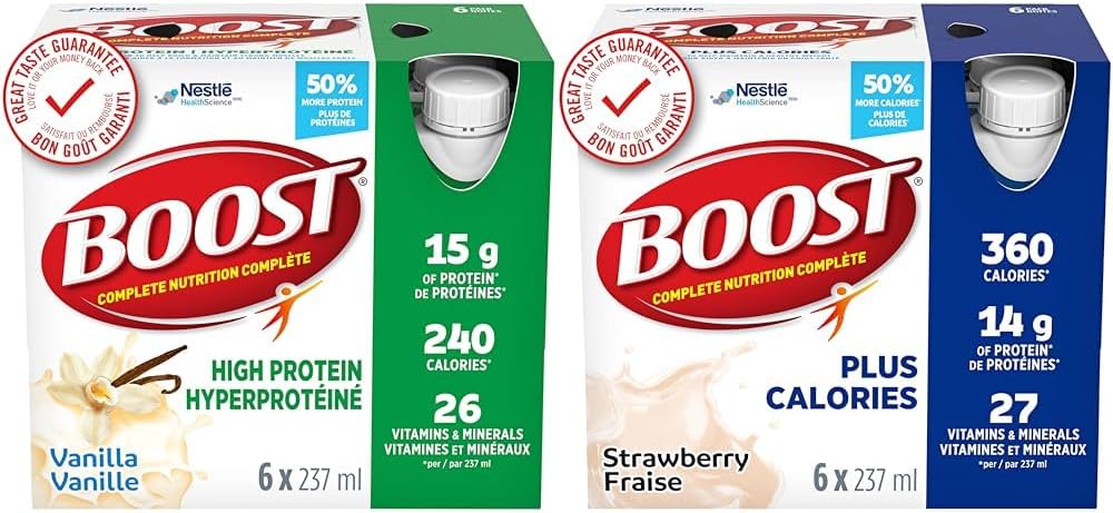 BOOST 高蛋白代餐饮料，香草味，237 毫升，6 包（4 包）& PLUS 全营养饮料，草莓味，24 x 237 毫升