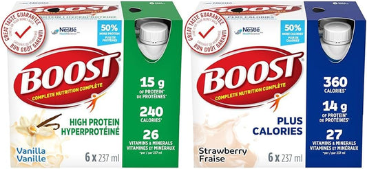 BOOST High Protein Meal Replacement Drink, Vanilla, 237 ml, 6 Counts (Pack Of 4) & PLUS Complete Nutrition Drink, Strawberry, 24 x 237 ml