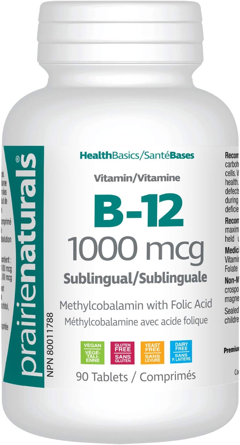 Prairie Naturals 舌下維生素 B12 甲鈷胺 1000mcg 含葉酸，有助於降低中性管缺陷的風險，幫助身體代謝蛋白質，形成紅血球，預防葉酸缺乏和維生素…