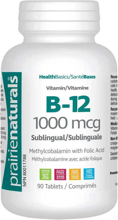 Prairie Naturals 舌下維生素 B12 甲鈷胺 1000mcg 含葉酸，有助於降低中性管缺陷的風險，幫助身體代謝蛋白質，形成紅血球，預防葉酸缺乏和維生素…