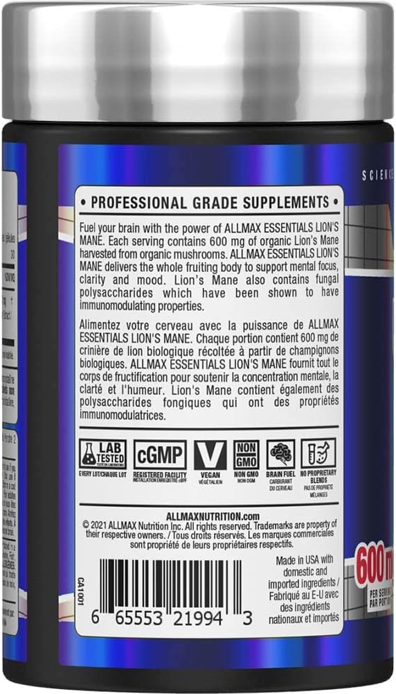 ALLMAX Nutrition - 狮鬃菇提取物 600 毫克 - 高级益智药，增强锻炼效果 - 60 粒