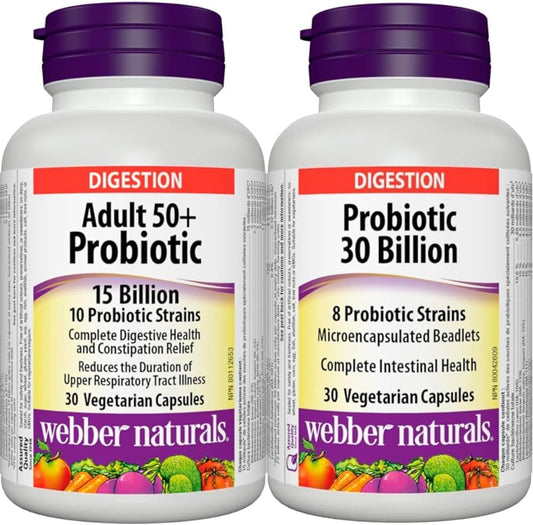 Webber Naturals Probiotic Adult 50+, 15 Billion Active Cells, 10 Probiotic Strains, 30 Capsules, For Digestive Health and Constipation Relief, Vegan & Probiotic 30 Billion Active Cells,