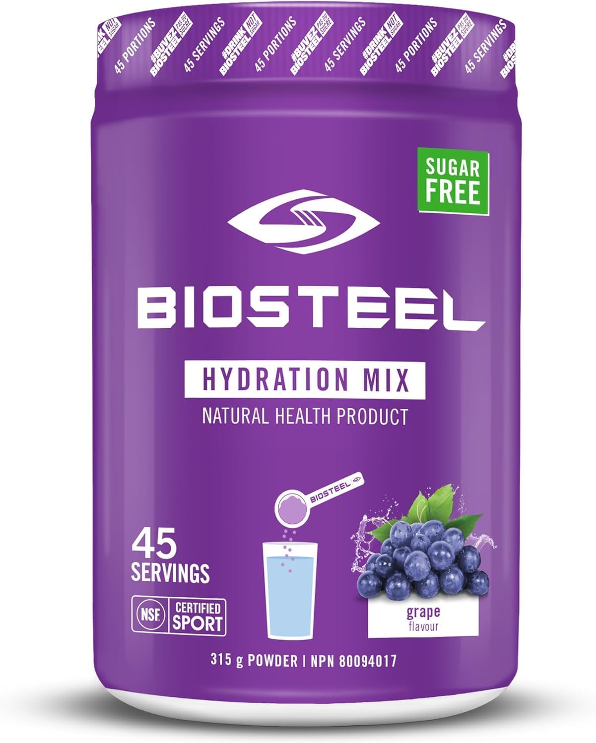 BioSteel 补水混合物，美味补水，零糖，不含人工香料或防腐剂，葡萄口味，每桶 45 份