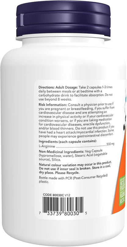 NOW Supplements, L-精胺酸 500 毫克，一氧化氮前體，胺基酸，100 粒素食膠囊