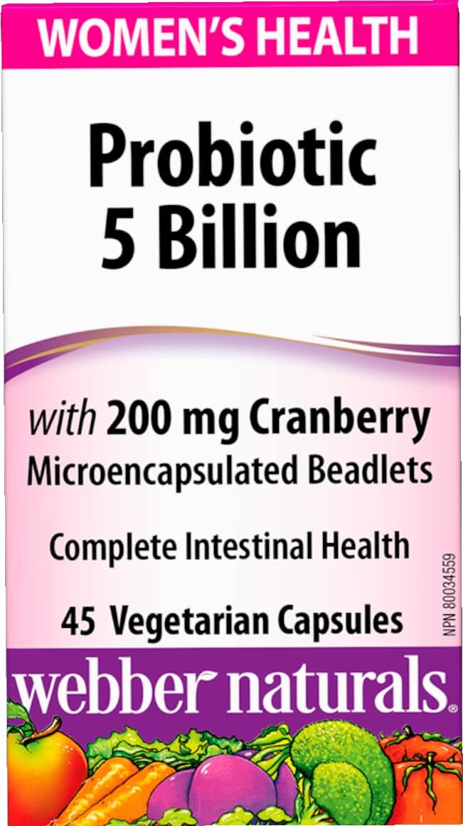 Webber Naturals Probiotic with Cranberry, 5 Billion Active Cells, 5 Probiotic Strains, 45 Capsules, Helps Prevent Recurring UTIs in Women, Vegetarian