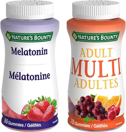 Nature's Bounty 褪黑激素补充剂，帮助重置身体的睡眠-觉醒周期，2.5 毫克，60 粒软糖 & 成人复合维生素补充剂，帮助维持骨骼和免疫功能，75 粒软糖