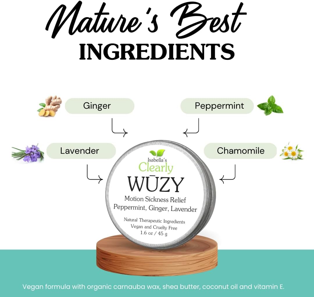 Clearly WŪZY，香薰草本止吐膏 | 缓解晨吐、晕动病、头晕、经前综合症、孕期不适、旅行不适 | 天然疗法，含生姜、薄荷、薰衣草 | 美国制造