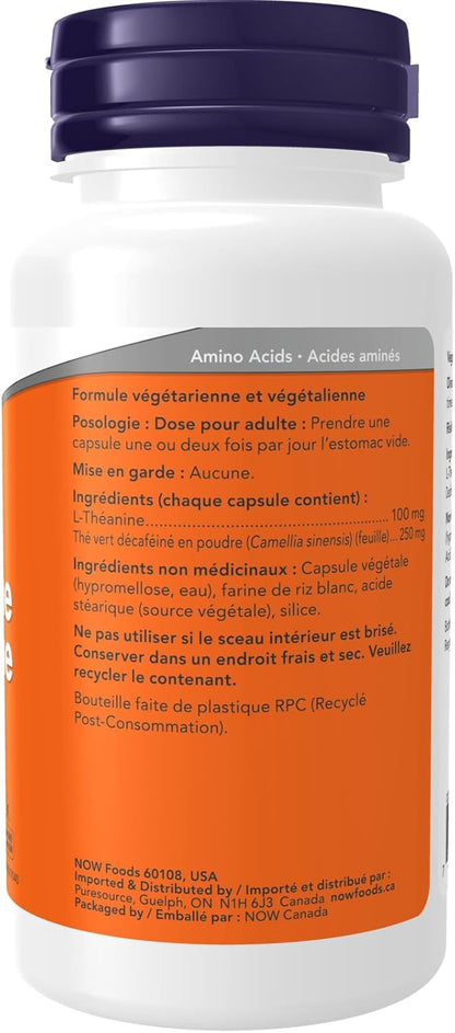 NOW Supplements, L-Theanine 100 mg with Decaf Green Tea, Stress Management, 90 Veg Capsules