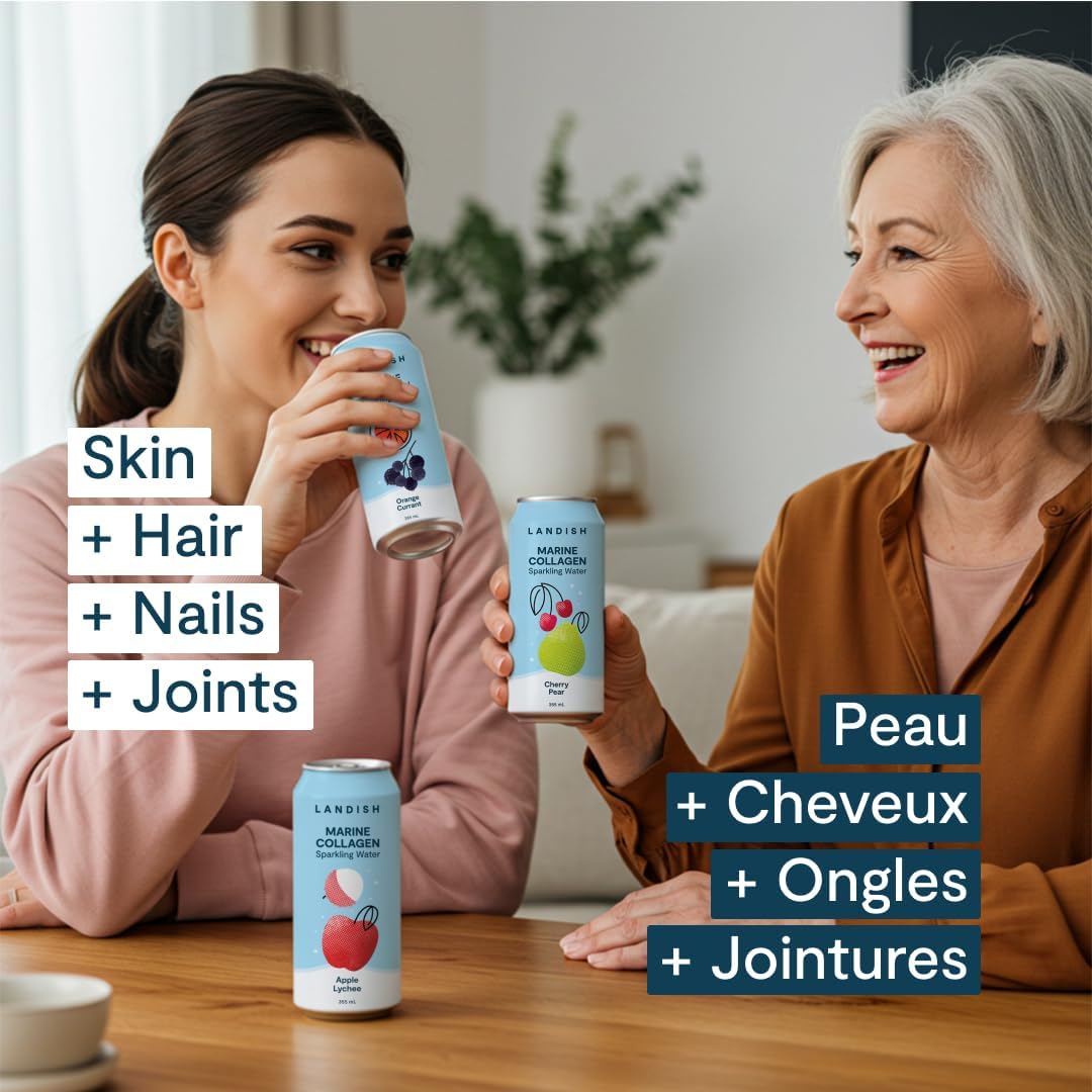 Landish Marine Collagen Sparkling Water Drink - Cherry Pear Flavour - 5 g Wild Canadian Marine Collagen - 0 g Sugar - 355 ml (6-Pack)
