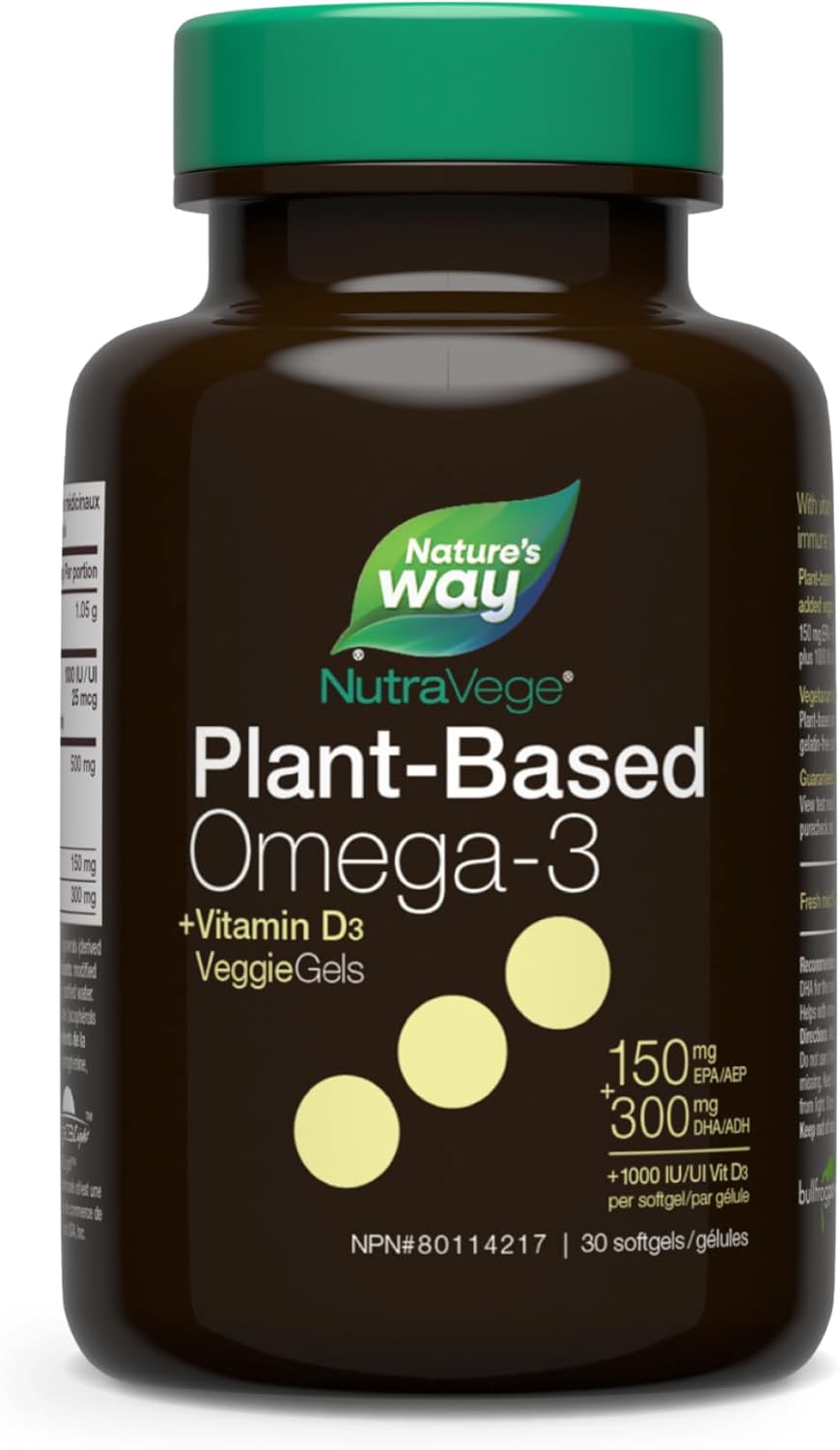 Nature's Way NutraVege 植物性 Omega-3 + D 素食凝膠 - 適合素食主義者的 Omega-3 補充劑，含 300 毫克 DHA + 150 毫克 EPA 和 1000 IU 認證素食維生素 D3 - 新鮮薄荷味 - 支持免疫、心臟和大腦功能…