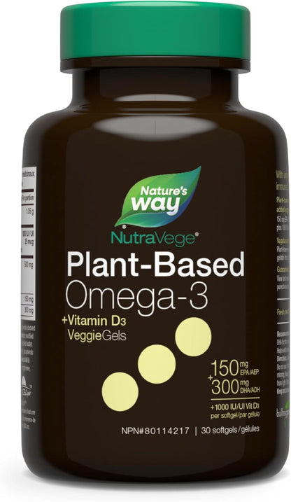 Nature's Way NutraVege 植物性 Omega-3 + D 素食凝膠 - 適合素食主義者的 Omega-3 補充劑，含 300 毫克 DHA + 150 毫克 EPA 和 1000 IU 認證素食維生素 D3 - 新鮮薄荷味 - 支持免疫、心臟和大腦功能…