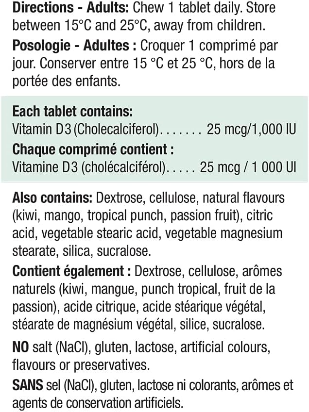 咀嚼片维生素 D3 1,000 IU - 异国热带水果口味，100 粒（1 包）和实验室维生素 C 咀嚼片 500 毫克，混合 3 种口味，120 粒