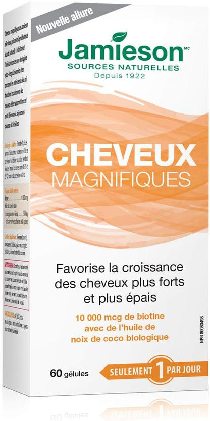 Jamieson 亮澤護髮軟膠囊，含 10,000 微克生物素和有機特級初榨椰子油，促進秀發強韌、濃密、健康，減少斷裂和分叉。非基因改造，無麩質，60 粒裝，加拿大製造