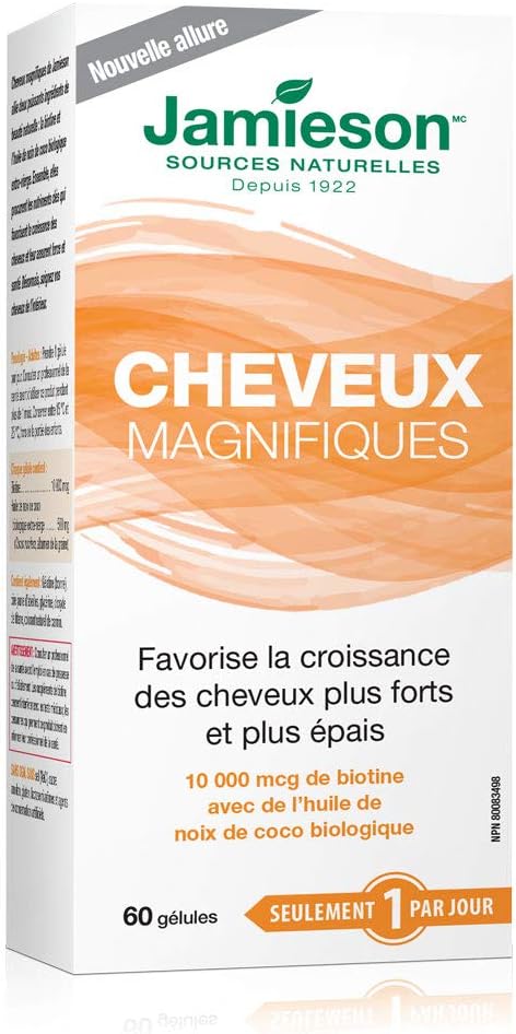 Jamieson 亮澤護髮軟膠囊，含 10,000 微克生物素和有機特級初榨椰子油，促進秀發強韌、濃密、健康，減少斷裂和分叉。非基因改造，無麩質，60 粒裝，加拿大製造