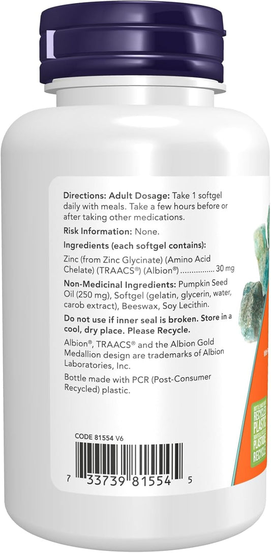 NOW Supplements, Zinc Glycinate with 250 mg Pumpkin Seed Oil, Supports Prostate Health, 120 Softgels