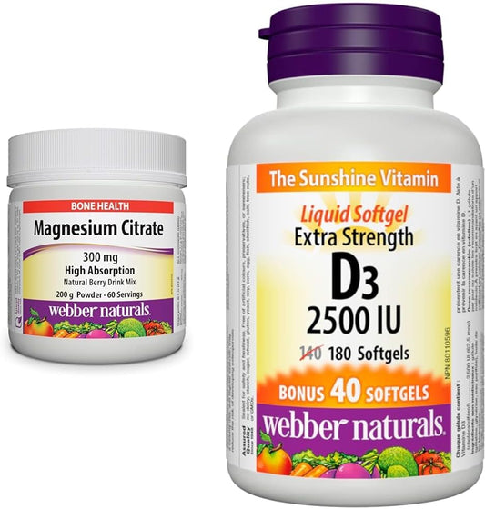 Webber Naturals Magnesium Citrate Powder & Vitamin D3 2500 IU Extra Strength, 180 Softgels, For Healthy Bones, Teeth, and Helps Prevent Vitamin D Deficiency