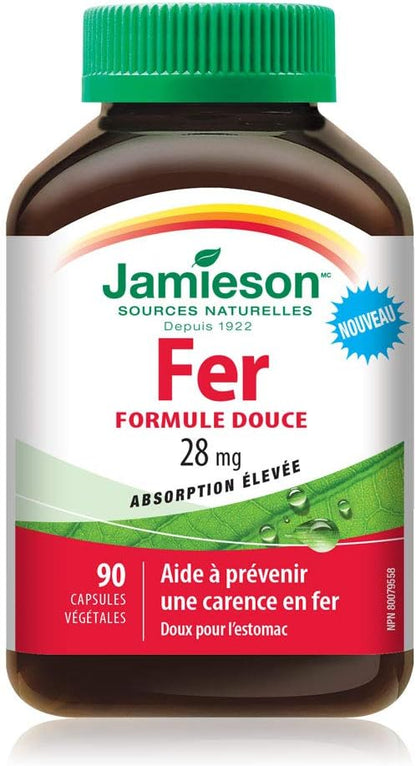 Jamieson 溫和鐵劑 28 毫克 甘氨酸亞鐵和維生素 B12（鈷胺素）1200 微克 定時釋放 | 90 粒 + 80 片