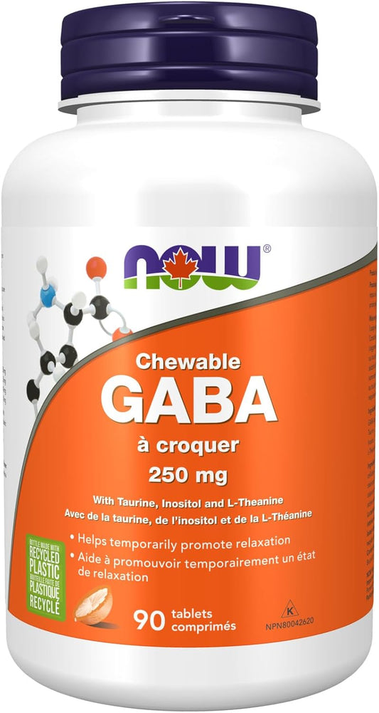 NOW Supplements, GABA (Gamma-Aminobutyric Acid), Neurotransmitter Support, Orange Flavour, 90 Chewables