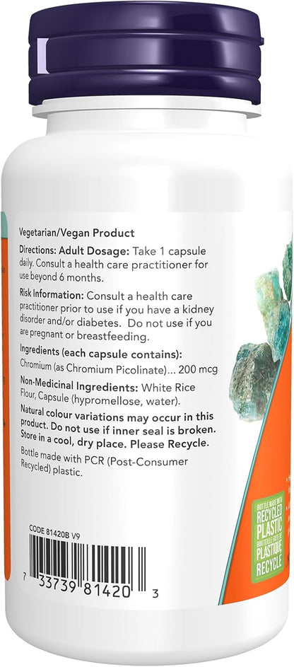 NOW Supplements, 吡啶甲酸鉻 200 微克，胰島素輔因子*，100 粒素食膠囊