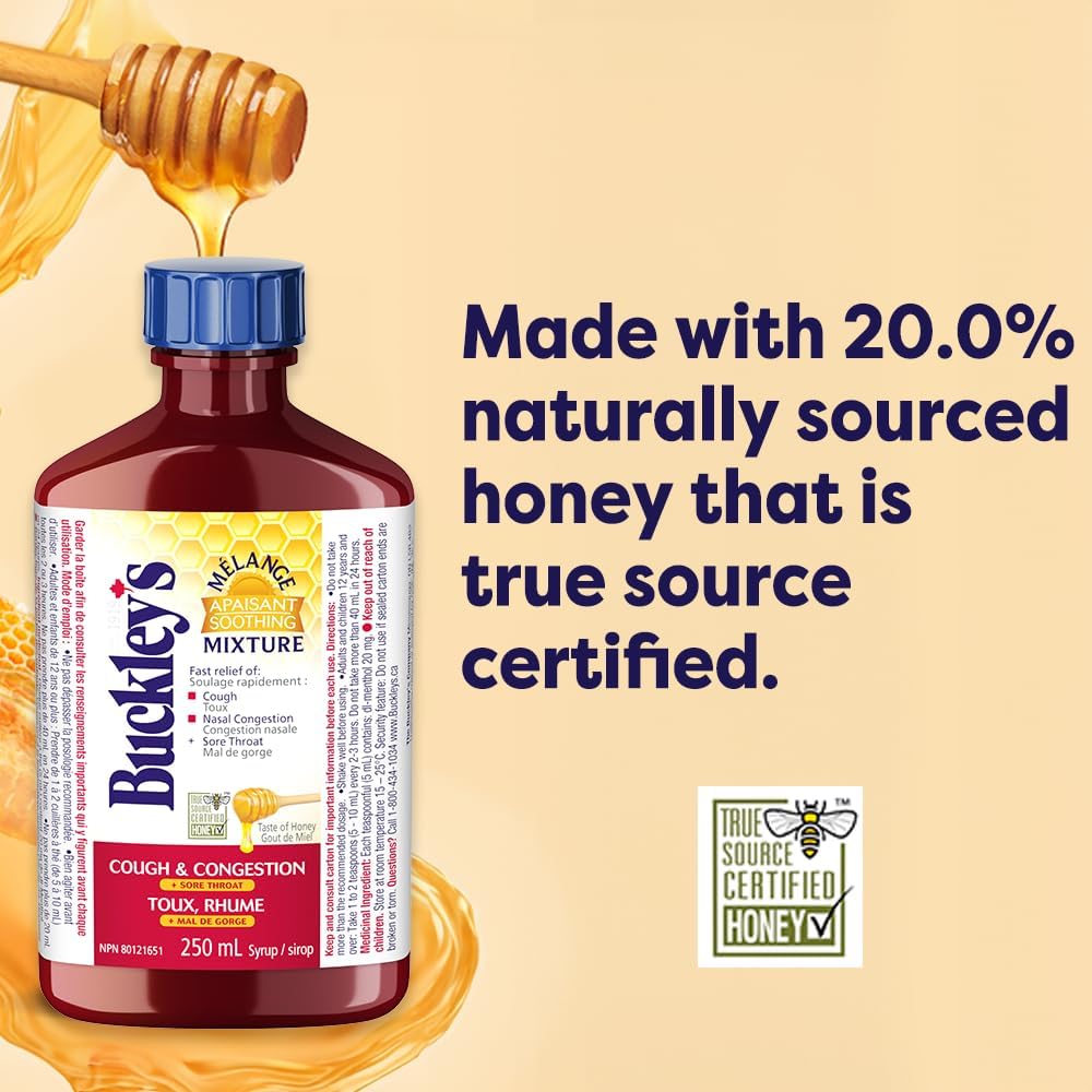 BUCKLEY'S 舒缓混合糖浆，用于缓解咳嗽、鼻塞和咽喉痛，250毫升