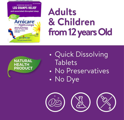 Boiron Arnicare Night Cramps 可暂时缓解腿部、小腿、脚、手部的抽筋和痉挛以及相关的睡眠障碍。规格：60 片速溶片。