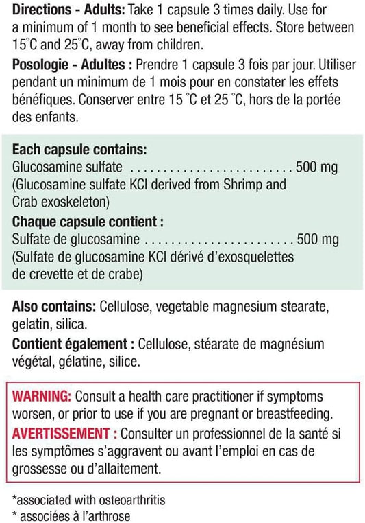 Jamieson 葡萄糖胺 500 毫克，缓解关节疼痛，支持骨关节炎，并防止软骨退化。非转基因，无麸质，360 粒胶囊，加拿大制造
