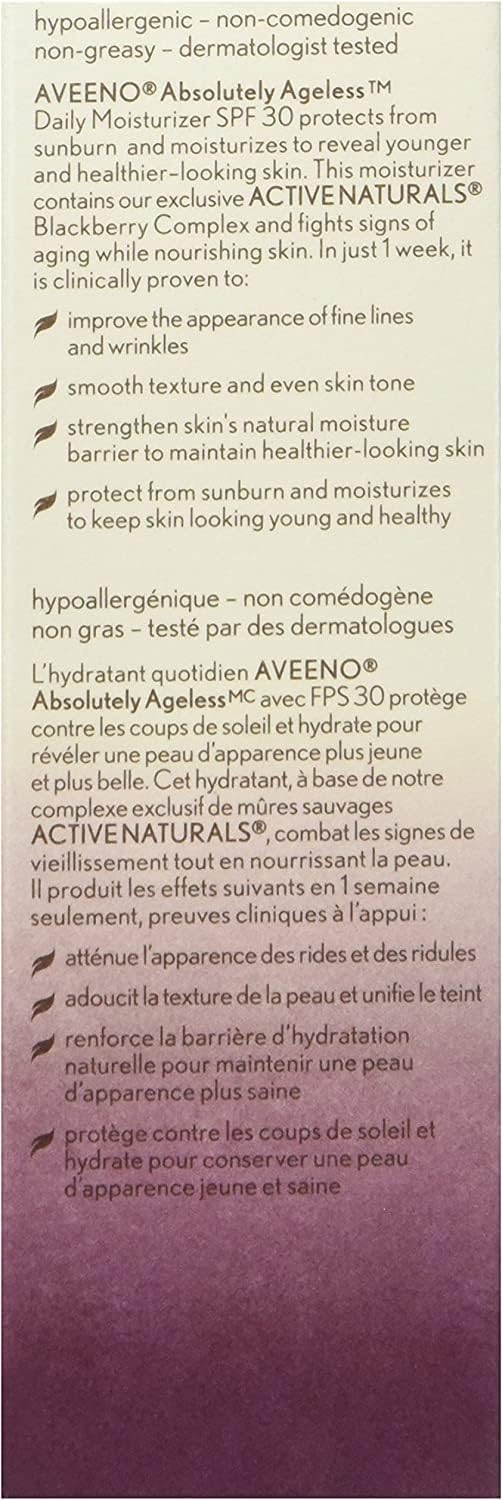 Aveeno Absolutely Ageless 每日保湿霜 SPF 30，抗衰老，面部，皱纹霜，抗氧化黑莓复合物；维生素 C 和 E，瓶装，1 包，50 毫升
