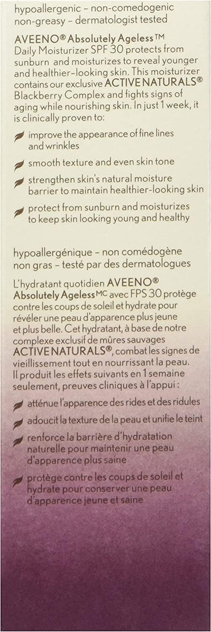 Aveeno Absolutely Ageless 每日保湿霜 SPF 30，抗衰老，面部，皱纹霜，抗氧化黑莓复合物；维生素 C 和 E，瓶装，1 包，50 毫升