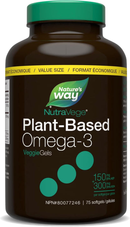 Nature's Way NutraVege 植物基 Omega-3 素食胶囊 – 适合素食主义者的 Omega-3 补充剂，含 300 毫克 DHA + 150 毫克 EPA – 清新薄荷口味 – 支持成人心脏、眼睛和大脑功能，75 粒超值装