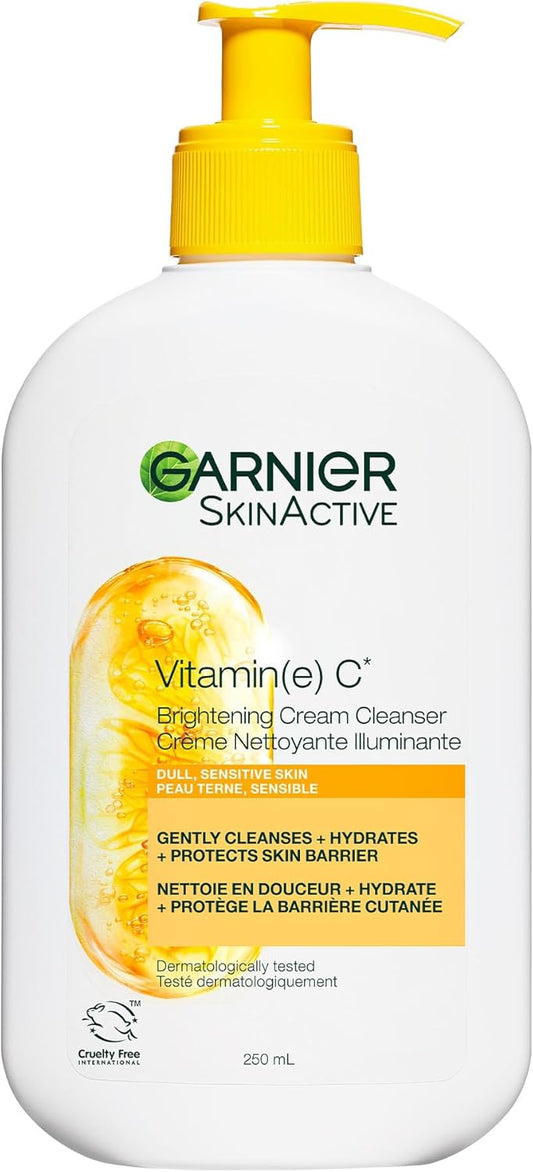 Garnier Vitamin C Cream Cleanser, Foaming Face Wash and Makeup Remover, Hydrates and Brightens Skin, Formulated With Glycerin, Without Sulfates, Dermatologically Tested, For Men and Women, 250ml