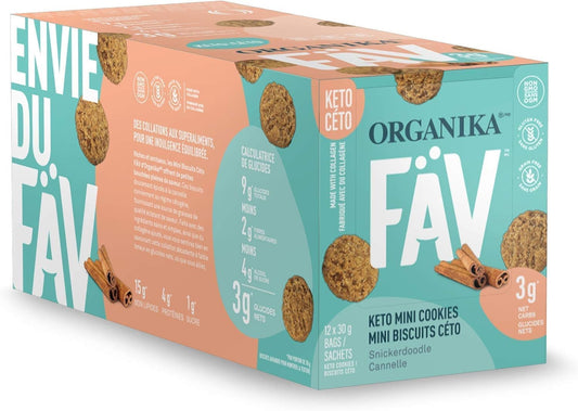 Organika Fav Keto Mini Cookies - Snickerdoodle - Healthy, Low Carb & Guilt-Free Snack | Collagen + 4g Protein, Keto Friendly & Gluten-Free 30 G X 12 Sachets