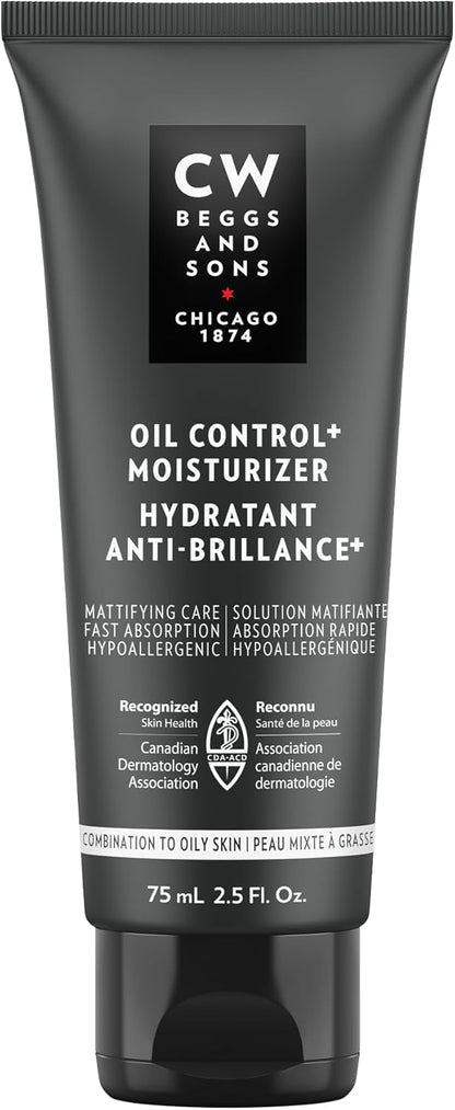 CW Beggs Oil Control+ Moisturizer for Men, Oily Skin, Face Cream, Hypoallergenic, Fragrance-Free, Paraben-Free, Alcohol-Free, Mineral Oil-Free, Cruelty-Free