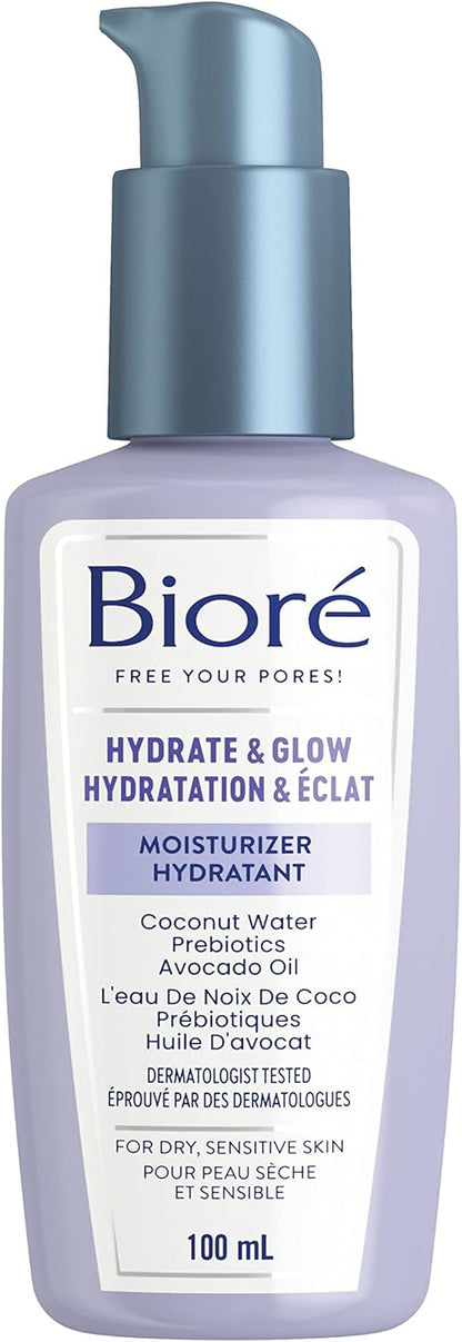 Bioré Hydrate & Glow Moisturizer, Face Cream for Dry, Sensitive Skin, infused with Prebiotics, Avocado Oil and Coconut Water |Dermatologist Tested, Cruelty Free and Fragrance Free (100mL)