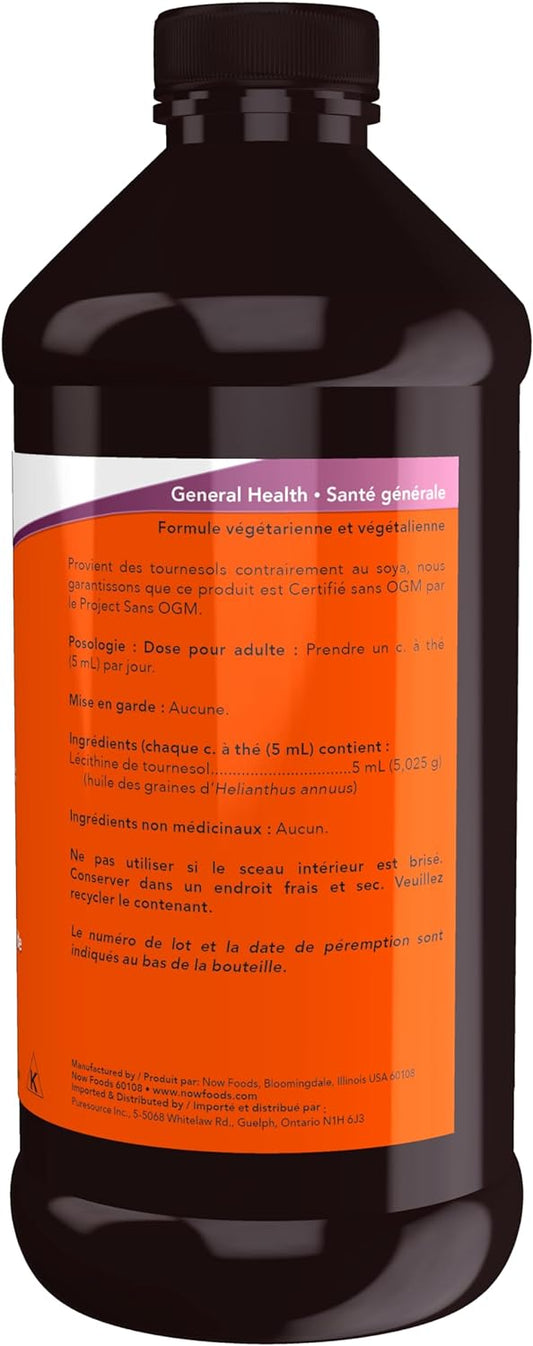 NOW Supplements, Sunflower Lecithin with naturally occurring Phosphatidyl Choline and Other Phosphatides, Unflavoured, Liquid, 473mL