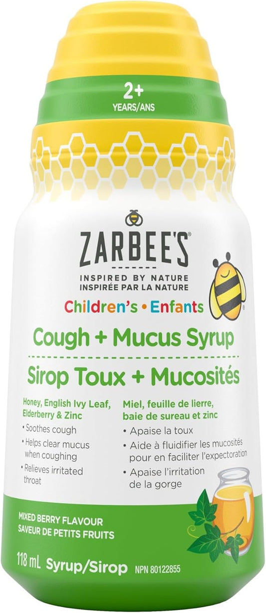 Zarbee's Children's Cough + Mucus Syrup, Zinc, Honey, Elderberry, English Ivy Leaf, Immune System, Mixed Berry Flavour, 118 mL
