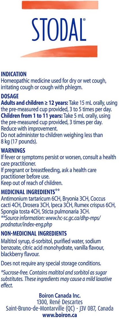 Boiron Stodal 成人无糖顺势疗法药物，200ml，用于干咳和湿咳