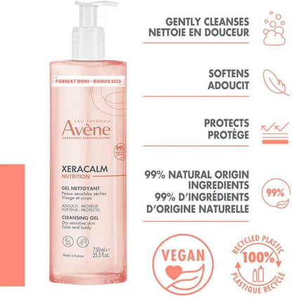 Eau Thermale Avène XeraCalm 营养洁面凝胶，敏感干性肌肤，高耐受性，无皂基，pH 值中性，含烟酰胺，750ml