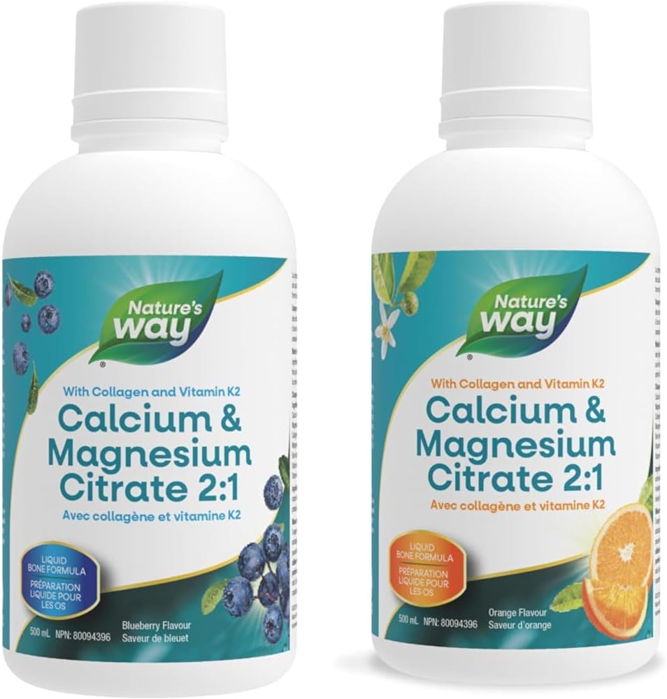 Nature's Way 檸檬酸鈣鎂 2:1 - 含維生素 K2 和膠原蛋白的液體補充劑 & 檸檬酸鈣鎂 2:1 - 含維生素 D3、維生素 K2 和膠原蛋白的液體補充劑