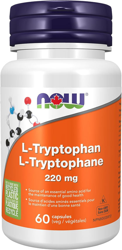 NOW Supplements，L-色氨酸 220 毫克，促進正面情緒*，支持放鬆*，60 粒素食膠囊