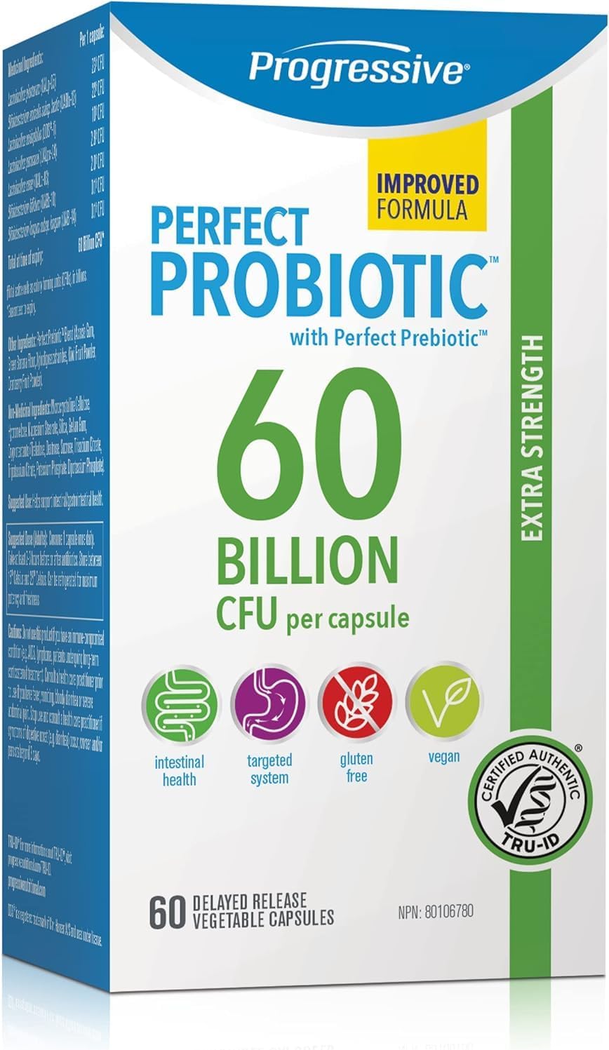 Progressive Perfect Probiotic 60 Billion CFU, Extra Strength 7 Strain Formula + Prebiotic Blend, with Lactobacillus plantarum and Bifidobacterium lactis, Delayed-Release Guaranteed Potency, Shelf-Stable, Digestive and Gu…