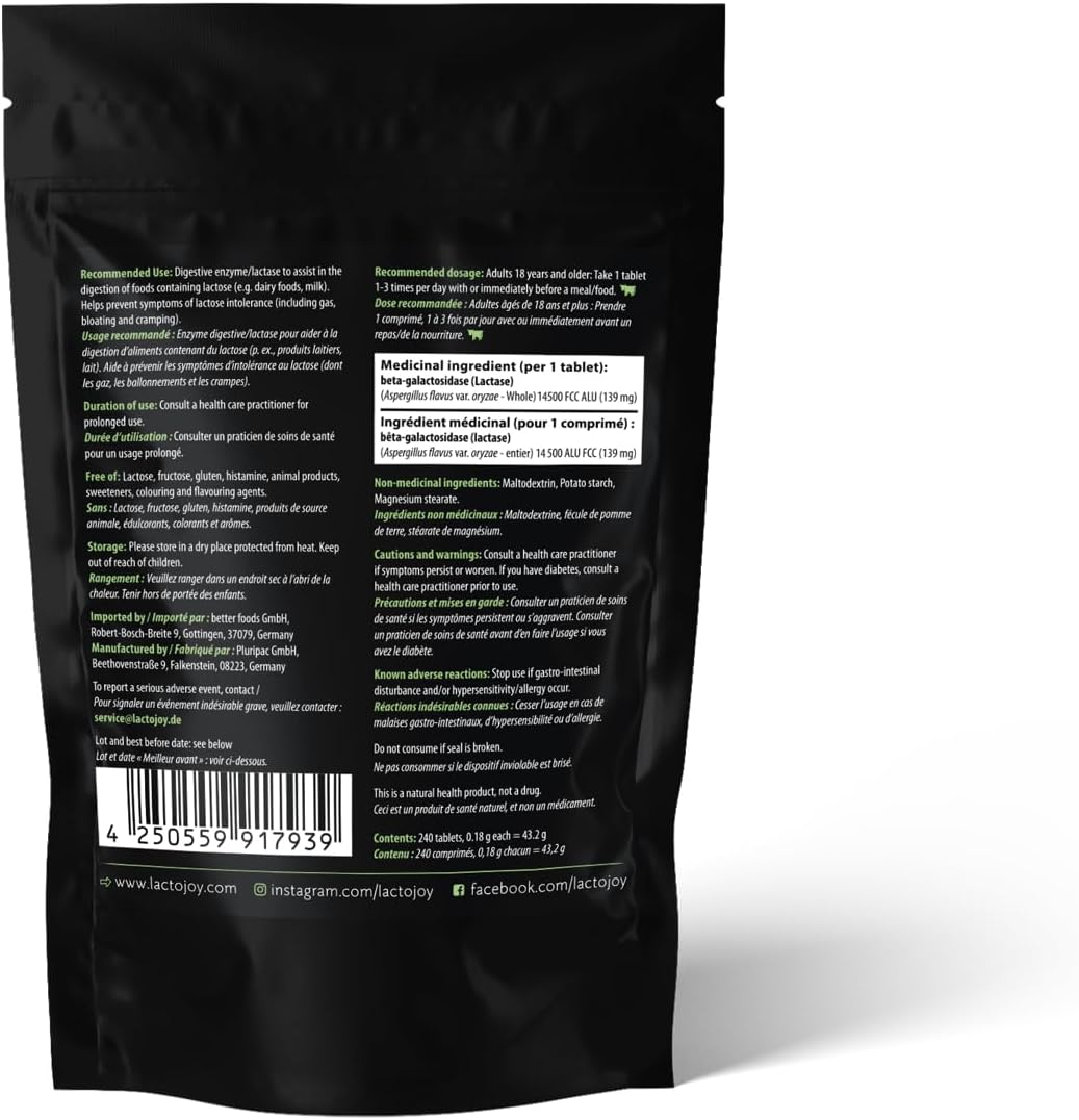 LactoJoy Lactase Pills 14.500 FCC I 240 Pieces Refill Package I Powerful Lactase Enzymes for Lactose Intolerance I Ultra Pure for Improved Digestion I 100% Vegan