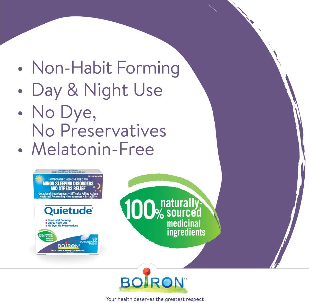 Boiron Quietude 90片，适用于睡眠和轻微睡眠障碍（烦躁不安、入睡困难、夜醒、偶尔失眠）以及神经紧张（过敏、烦躁）。顺势疗法药物。