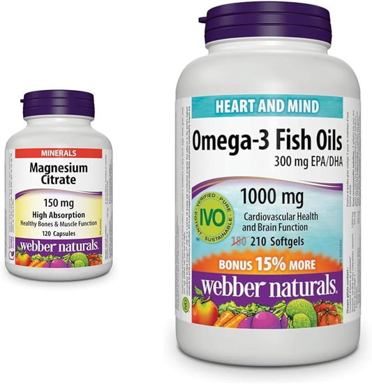 Webber Naturals Magnesium Citrate 150 mg, 120 Capsules, High Absorption Mineral, Supports Bone & Omega-3 Fish Oil 1,000 mg, 210 Softgels, Supports Cardiovascular Health and Brain Function