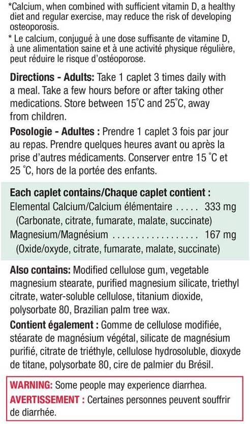 Jamieson 鈣 333 毫克，含鎂 167 毫克，高吸收率，支持骨骼健康和肌肉功能，有助於預防骨質疏鬆和骨質流失。易吞嚥，非基因改造，無麩質，200 粒膠囊，加拿大製造