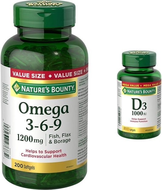 Nature's Bounty Omega 3 6 9 鱼油 1200 毫克丸剂、补充剂和维生素 D3 丸剂和补充剂，有助于支持免疫功能，1000 国际单位，500 粒软胶囊