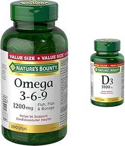 Nature's Bounty Omega 3 6 9 Fish Oil 1200mg Pills, Supplement & Vitamin D3 Pills and Supplement, Helps Support Immune Function, 1000iu, 500 Softgels