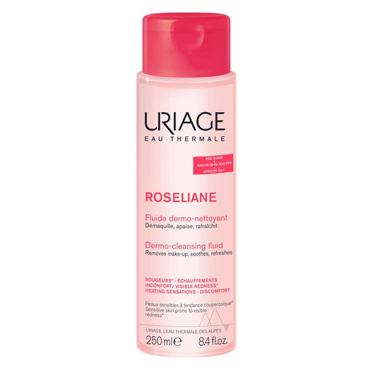 Uriage Roséliane Dermo-Cleansing Fluid Lotion - Removes Make-up, Soothes and Refreshes - Heating Sensations & Discomfort For Sensitive Skin Prone To Visible Redness - With Red Algae, Shea Butter & Apricot Oil - 250ml