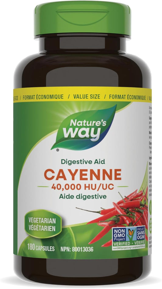 Nature’s Way 卡宴辣椒 40,000 HU – 草本消化和外周循环补充剂 – 卡宴辣椒胶囊 – 素食，非转基因 – 180 粒胶囊