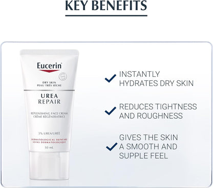 EUCERIN Urea Repair Replenishing Day Face Cream for Dry to Very Dry Skin | Face, 50mL | 5% Urea Cream | Lactate Cream | Fragrance-free Cream | Non-Greasy Cream | Recommended Brand by Dermatologists